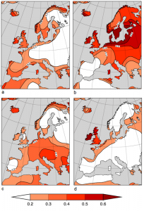 Encyclopedie environnement - prevision saisonniere - Coefficient de correlation temperature saisonniere prevue et temperature saisonniere observee Europe