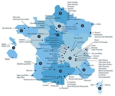 Encyclopédie environnement - eaux minérales - Carte des eaux minérales naturelles en France 