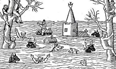 Encyclopédie environnement - hydrométrie - innondation, gravure sur bois 1607 