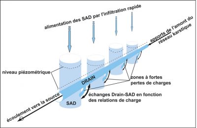 karst - Encyclopedie de l'environnement - Représentation schématique des Systèmes annexes au drainage (SAD) et de leurs relations hydrauliques avec un conduit (drain)