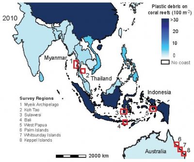 pollution plastique ocean - plastique recifs coralliens - carte dechets plastiques ocean
