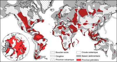 carte geologique monde - socles granitiques metamorphiques - zones petrole monde - bassins sedimentaires - petrole