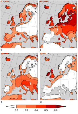 环境百科全书-季节预测-预测的欧洲季节温度和观测季节温度之间的相关系数