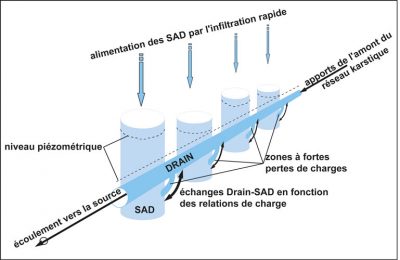 karst - Encyclopedie de l'environnement - Représentation schématique des Systèmes annexes au drainage (SAD) et de leurs relations hydrauliques avec un conduit (drain) - representation drainage