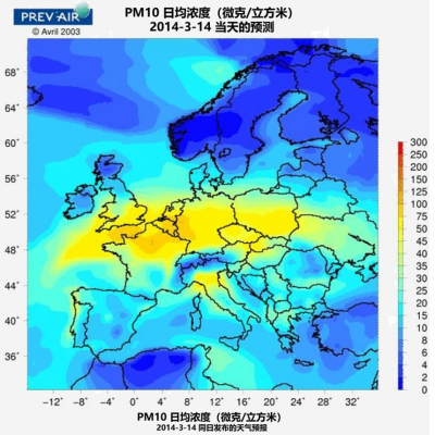 环境百科全书-柴油发动机-欧洲PM10平均浓度地图